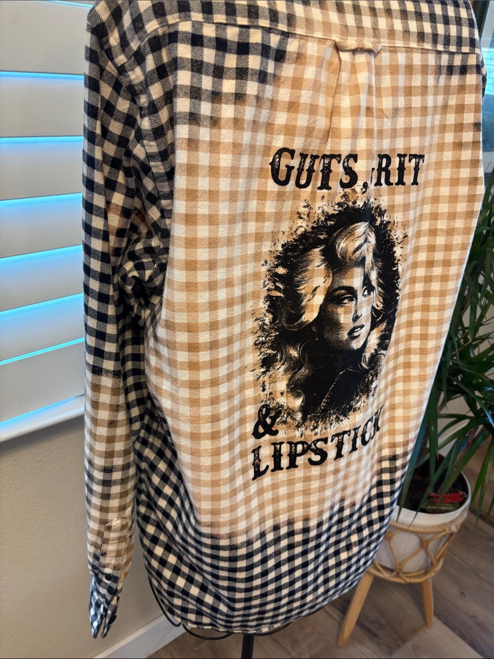 Handmade one of a kind distressed Dolly Parton Plaid Button-Up Shirt - Picture 2 of 7